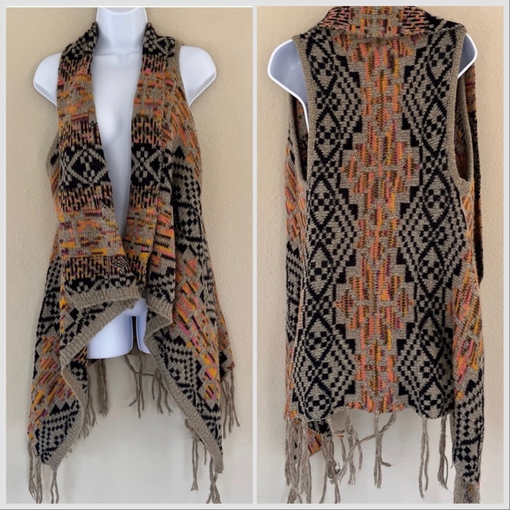 Womens Sweater Open Front Cardigan Vest S/M Aztec Tribal Fringe Festival Boho